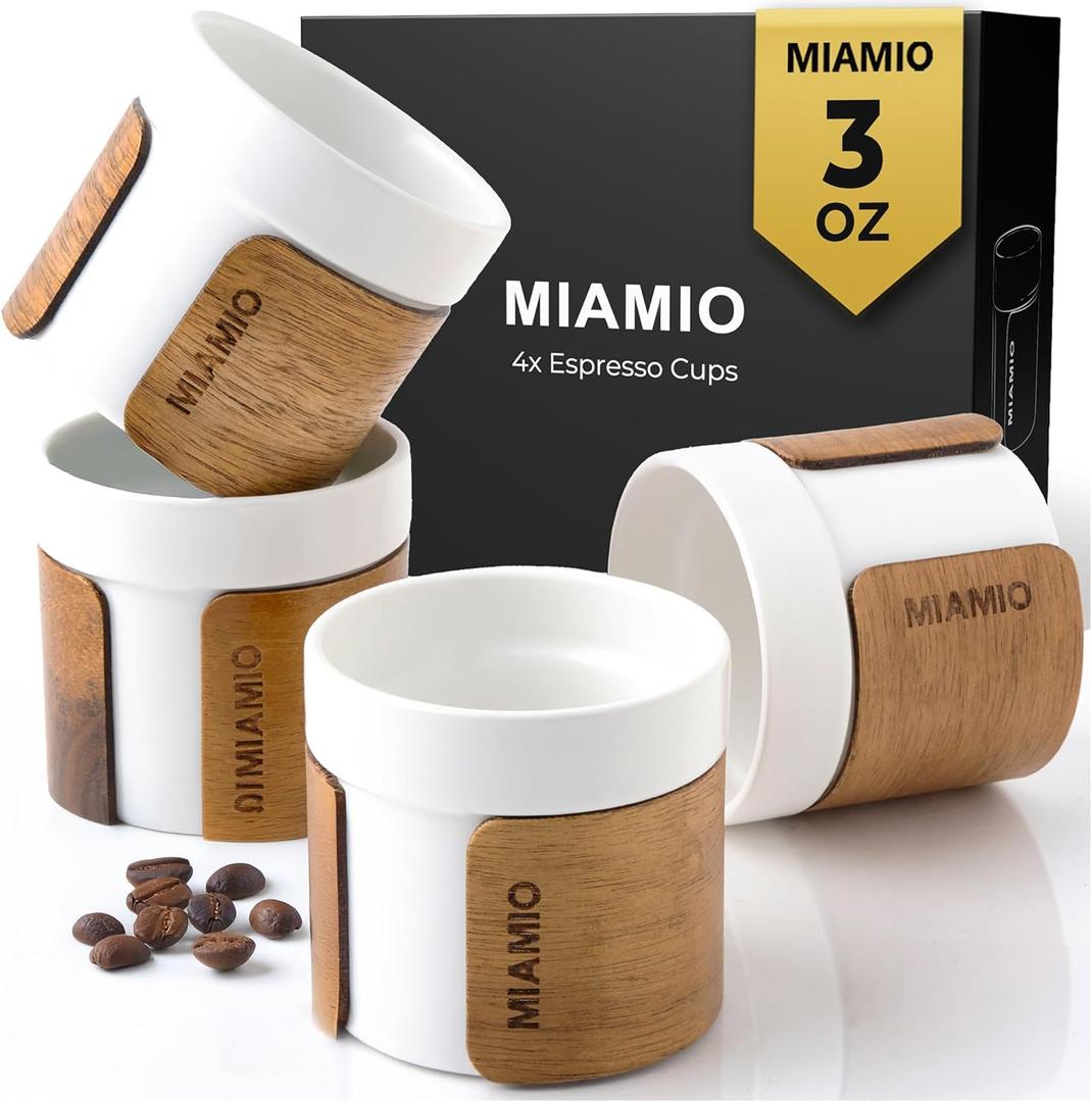 MIAMIO Espresso Cups Set of 2 (3.5 oz) Japanese Tea Cups Ceramic/Handleless Mug with removable Wooden Cuff/Coffee Cups without Handle (White)