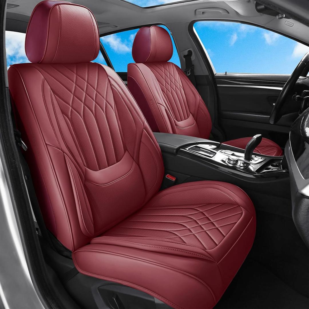 Full Coverage Car Seat Covers Full Set Burgundy, Luxury Leather Waterproof Automotive Seat Covers, Front & Rear Seats Cover Sets Universal Fit for Most Cars SUVs Trucks, Wine Red Seat Covers