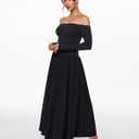 INLYRIC Women's Off The Shoulder Long Sleeve Maxi Dresses Elegant Formal Wedding Guest Cocktail Long Dresses (Black, L)