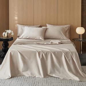 MooMee King Size Sheets Set, 100% Extra Long Staple Cotton 600TC Sateen Weave Cooling Breathable Silky Soft Luxury Hotel Quality Bed Sheets with 17" Deep Pocket - 4 Piece (Light Beige, King)