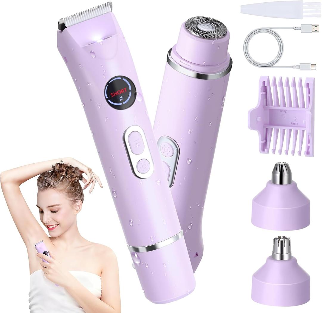 4-in-1 Bikini Trimmer for Women, 12,000 RPM Painless Electric Shaver for Women Pubic Hair Removal, IPX7 Waterproof with LED Light, Cordless Body Hair Trimmer for Bikini Area, Face, Arms & Legs (Purple)
