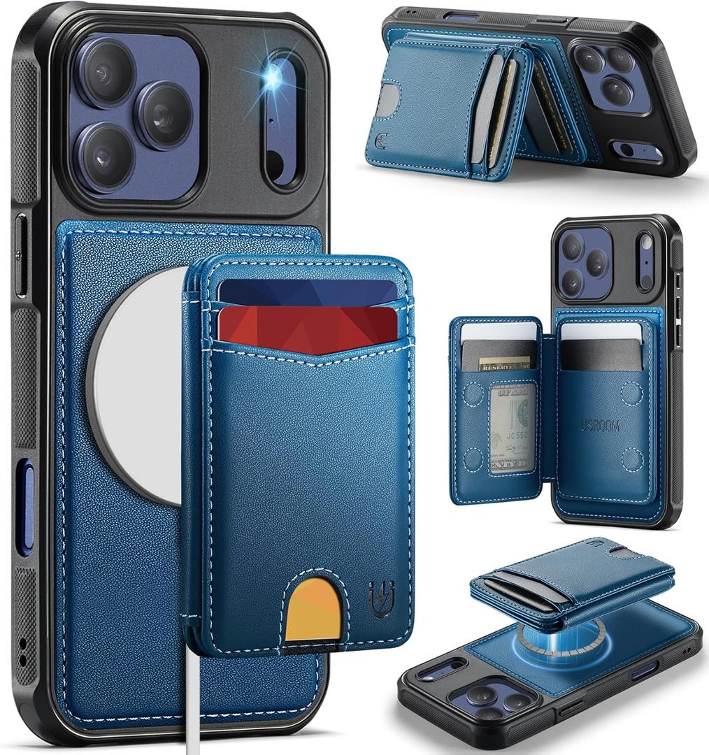 for iPhone 17 Pro Wallet Case Compatible with Magsafe, Magnetic RFID Blocking Card Holder Kickstand 2 in 1 Detachable Case for iPhone 17 Pro 6.3", Blue