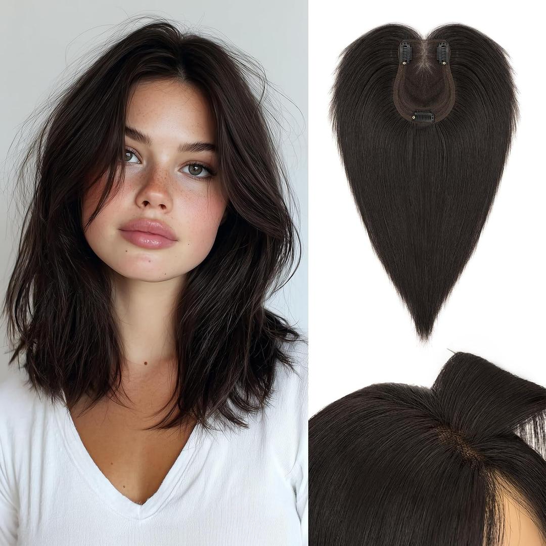 Hairro Human Hair Toppers with Side Bangs, 3D 360° Seamless Real Hair Toppers, Hand-Tied with 3.5"x4.7" U-shaped Base, Clip-In Hairpieces to Add Volume on Top, 12 Inch Natural Black
