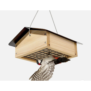 TT Nature Upside Down Suet & Seed Bird Feeder, Eco-Friendly Wood with Rainproof Roof, Seed Block Feeder Attracts Woodpeckers, Nuthatches, Chickadees, Finches