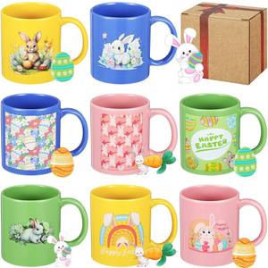 Maxdot 8 Pieces Easter Mugs 12 oz Mug Set Coffee Mugs with Handle Ceramic Matching Mugs for Home School Office Table Centerpieces Housewarming Holiday Party Gift (Bright)