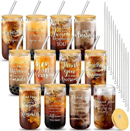 Purpeak 12 Set Employee Appreciation Gifts Appreciation Cups for Team Thank You Gifts Glass Cups for Staff Coworker 16 oz Can Shaped Beer Glass with 8 Lids Straws Brushes(Stylish Style)