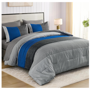 Anibedding King Size Blue Comforter Set 7 Pieces, Blue and Gray Patchwork Striped Bed in a Bag with Sheet Pillowcase for King Bed All Season