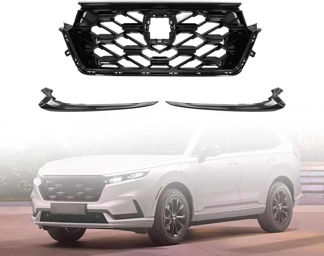 CRV Grill Set - Front Upper Grille & Radiator & Fog Light Cover w/o Hole Kit For 2023 2024 2025 2026 Honda CRV CR-V (2023-25 CRV Hybrid 2.0L)