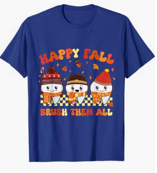Happy Fall Brush Them Teeth Dentist Dental Thanksgiving T-Shirt, L