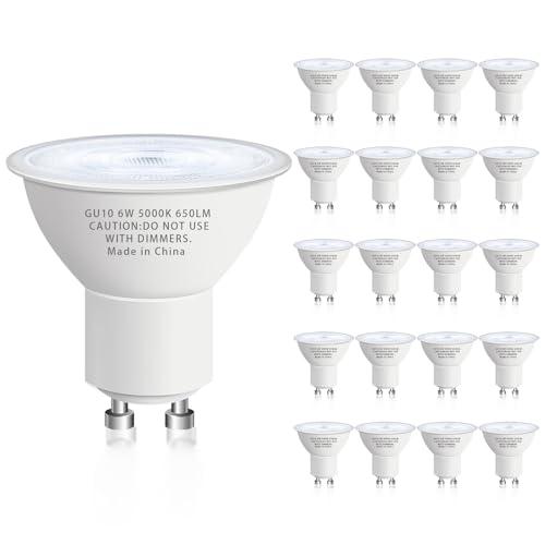GU10 Led Bulb 6W Equivalent 50W, MR16 Led Bulb 5000K Daylight White Led Bulbs, 650 Lumens, Non-Dimmable, GU10 Base, 2 Prong Track Energy Saving Light Bulbs for Kitchen, Living Room, Bedroom, 20 Pack