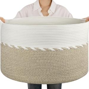 OIAHOMY 90L Blanket Basket for Living Room, Large Basket 23" x 23" x 13" with Handle, Laundry Hamper for Blankets, Pillows, Toy Storage for Kids, Dogs - Light Brown & White