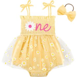 HONGTEYA Baby Girl 1st Birthday Outfit Girl First Birthday Clothes One Year Old Gifts Romper Tulle Summer Newborn Dress (12-18 Months, Yellow)