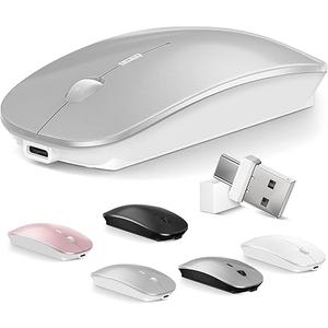 Mouse for MacBook Wireless Bluetooth Mouse Laptop MacBook Air Mac Pro Rechargeable Silent PC iPad Optical Mouse with Dual Mode Switch Bluetooth 5.2/3.0 and 2.4GHz USB TypeC Receiver Silvery