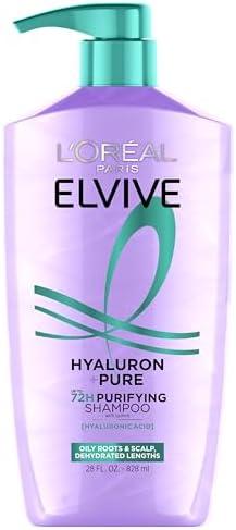 L'Oreal Paris Elvive Hyaluron + Pure 72H Purifying Shampoo for Oily Hair, Clarifying Shampoo with Salicylic Acid and Hyaluronic Acid, 28 Fl Oz