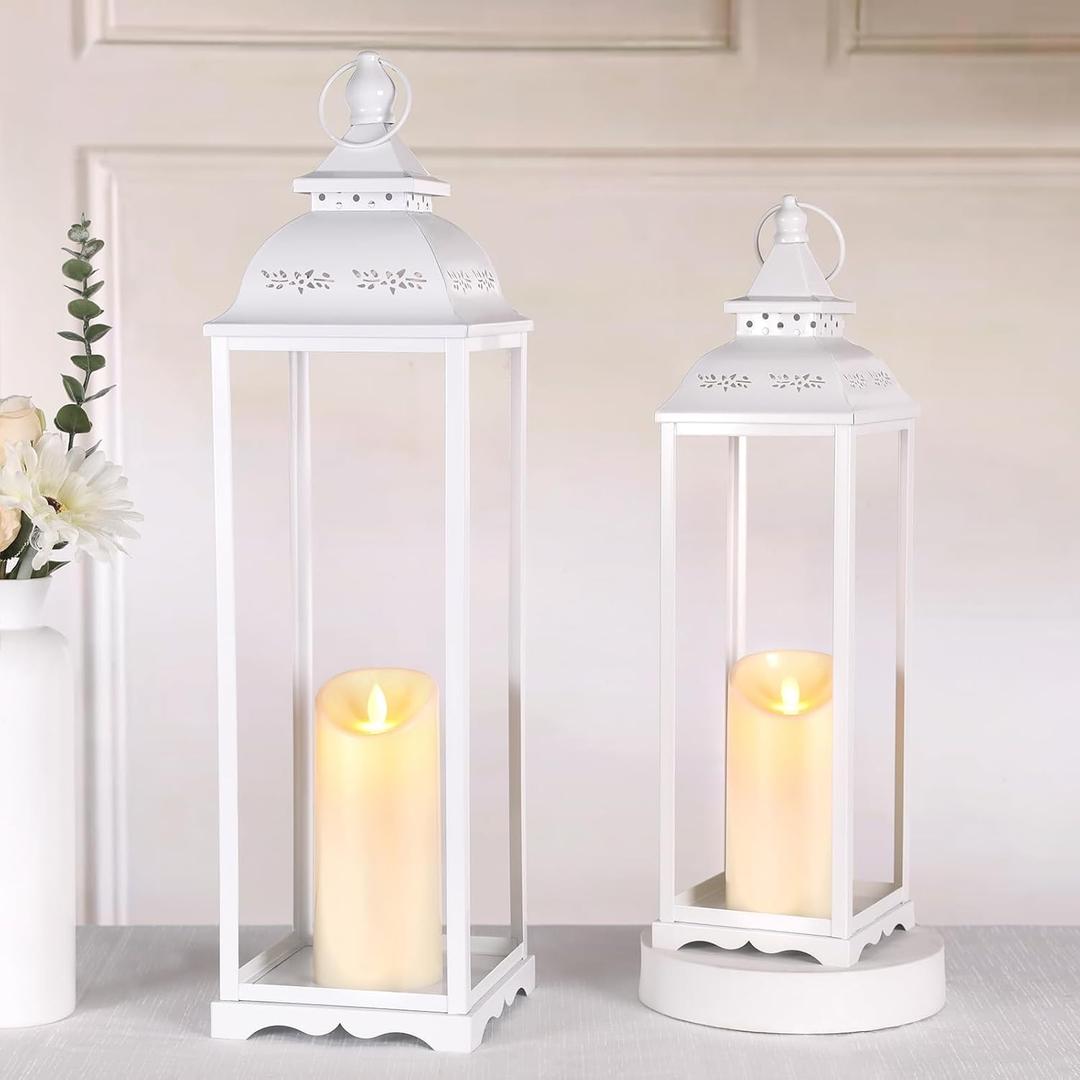 HAVITI 5 Pack Large Lanterns Decorative Outdoor, White Large Outdoor Lantern for Porch, 22'' 17'' White Lanterns Decorative Indoor (no Glass) with 2PCS Flameless Candles for Wedding Table Front Door