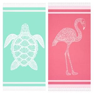 Genovega 2 Packs Cotton Oversized Turkish Beach Towels Quick Dry Sand Free Bath Pool Towel Extra Large XL Big Travel Blanket Adults Essentials Cruise Clearance Accessories Stuff Green Turtle Flamingo