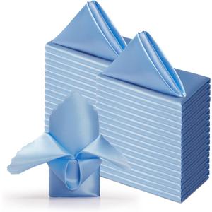 100 Pack Light Blue Satin Napkins - 17x17 Inches, Elegant Scalloped Square Table Napkins for Restaurant, Weddings, Banquet, Party