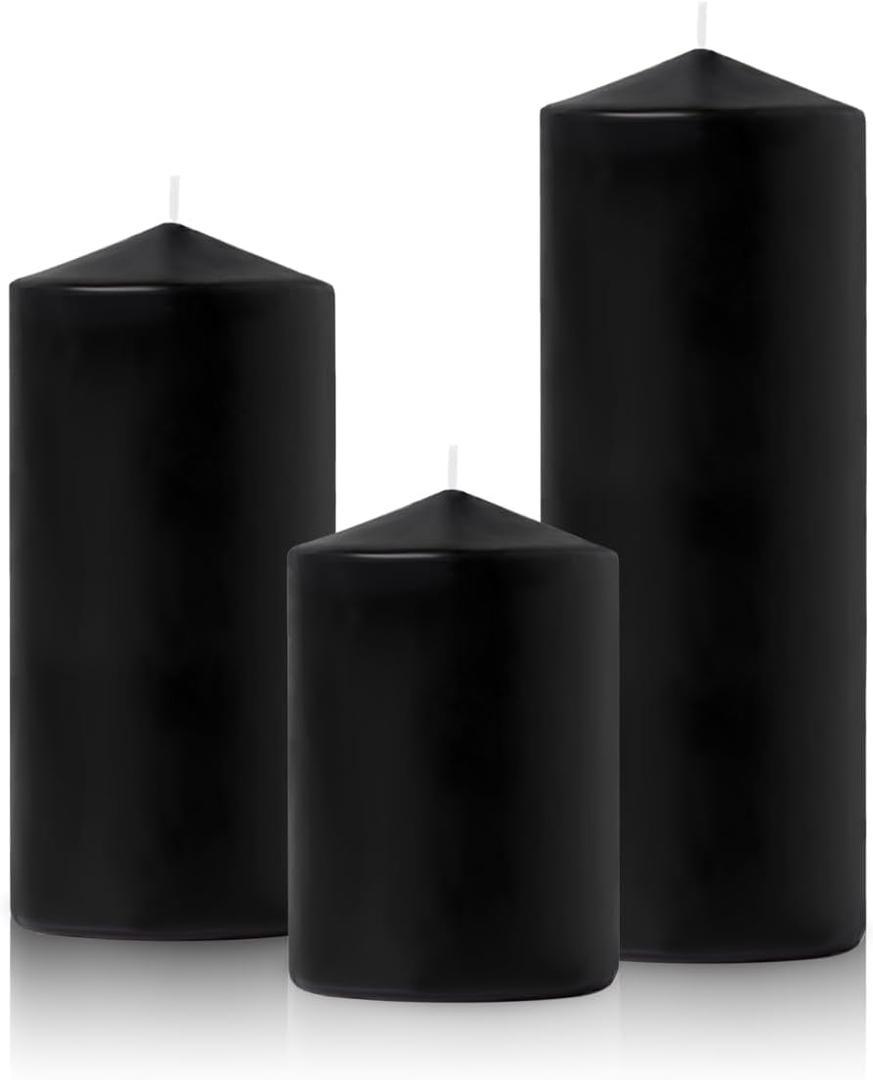 Set of 3 Different Size Black Pillar Candles, Unscented Dripless Large 3x4 3x6 3x8 Inch Long Lasting Cylinder Column Wax Candles for Halloween Home Table Decor Power Outage Emergency Hurricane