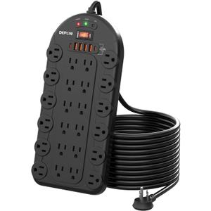 DEPOW 10Ft Power Strip Surge Protector with 24 AC Outlets (1875W/ 15A) 6 USBs (2 USB-C Ports), 3, 400 Joules, Heavy Duty Flat Plug Extension Cord, Wall Mountable for Home, Office, Black, ETL Listed