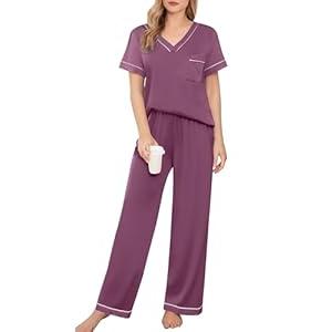 Ekouaer Women's Pajama Sets Short Sleeve V Neck Sleepwear Nightwear Soft Pjs Lounge Sets with Pocket Purple Red, Large