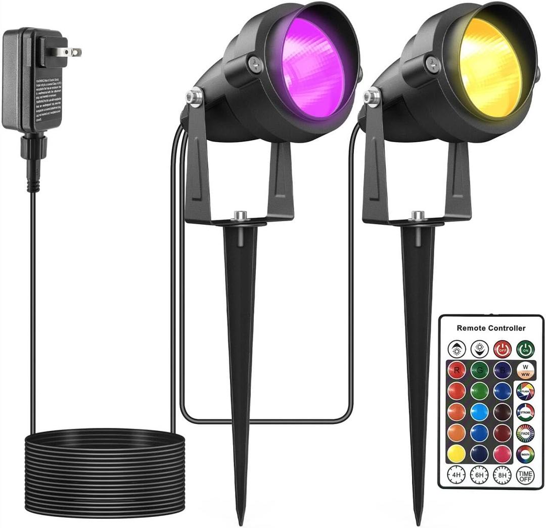Christmas Spotlights Yard Spot Lights with Timer Colored Warm White 10W RGB Outdoor LED Landscape Light IP65 Waterproof Uplight with Spiked Stand for Lawn House Flag Pathway Porch (2 Lights)