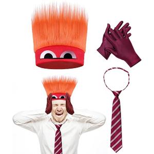 Anger Costume with Flame Hairy Headband，Stripe Tie & Red Gloves Angry Dress up Halloween Cosplay Outfits, One Size