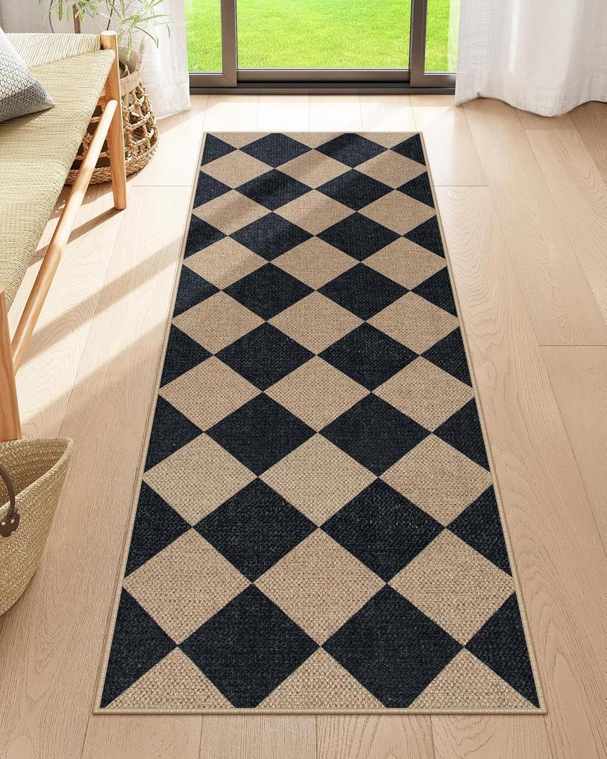 Lahome - Tapete largo de yute sinttico lavable con diseo a cuadros negros, tapete para interiores, exteriores, cocina, entrada, pasillo y lavandera, 2x6 pies