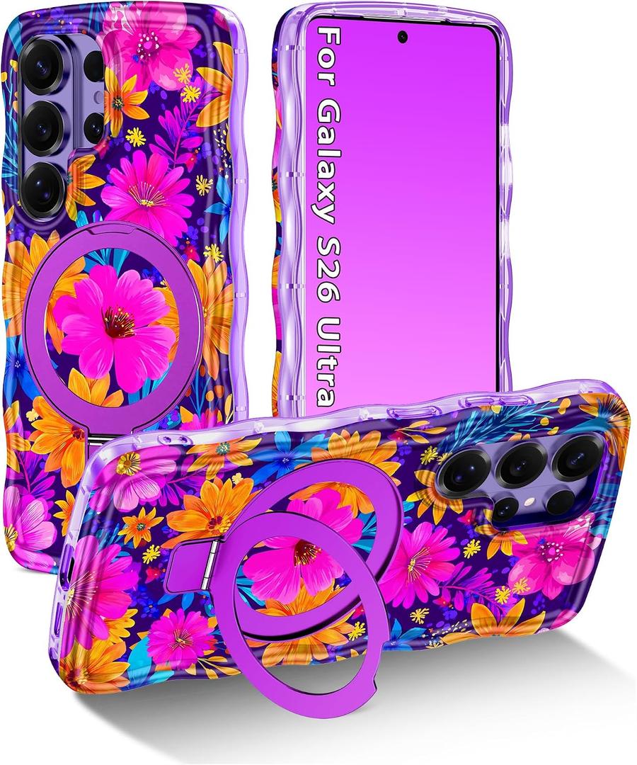 Meshine for Galaxy S26 Ultra Case with Magnetic Stand,Wave Frame,Flower