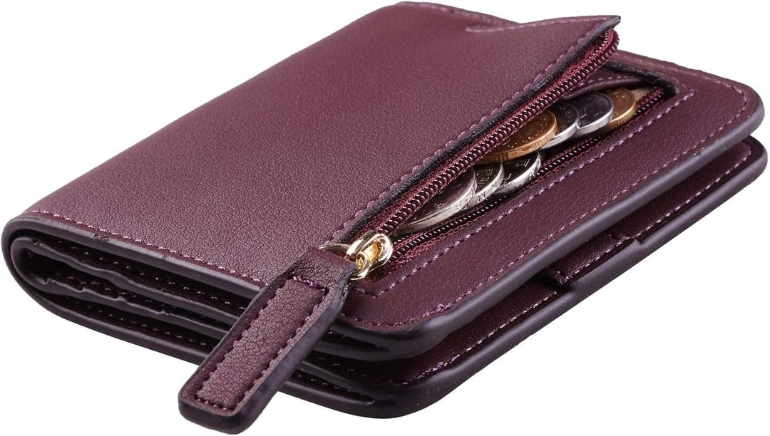 Toughergun Womens Small Slim Leather Wallet with RFID Protection, Compact Bifold Mini Purse with Clear ID Window (12 ReNapa Red Wine)
