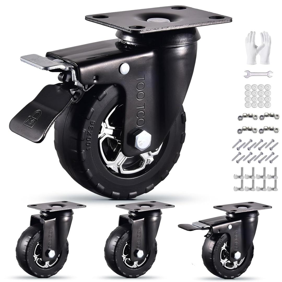 4 Inch Caster Wheels Set of 4 Heavy Duty Natural Elastic Rubber Wheels with Locking 2200Lbs Load Capacity, Silent Swivel 360 Rotation. Ideal for Industrial Carts, Trolleys, Workbenches, and Casters