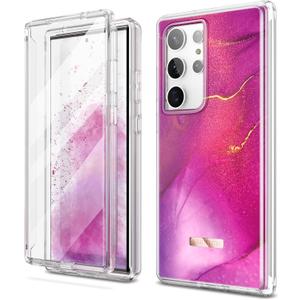 SURITCH for Samsung Galaxy S23 Ultra Case, [Built-in Screen Protector][Dual-Layer Protection ] Full Protection Shockproof Rugged Bumper Phone Cover for Samsung S23 Ultra 6.8 Inch-Pinkish Purple Marble