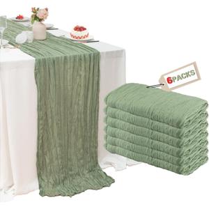 6 Pack Sage Green Cheesecloth Table Runner, 120 Inch Spring Boho Gauze Table Runners, Rustic Sheer Cheese Cloth Table Runners for Wedding, Baby Shower, Birthday Party, Home Decor