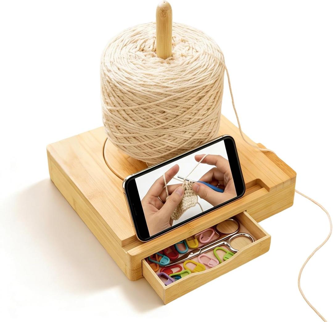 OYPGUE Upgraded Yarn Holder for Crocheting with Drawer Storage, Yarn Holder Spinner with Rotating Anti-Tangle Fits All Yarn Types (Bamboo)