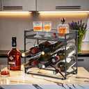 Countertop Wine Rack with Top Storage Basket, Metal Small Tabletop 8 Wine Bottles Holder with Adjustable Feet, Wine Rack Stand with Tray for Home Decor & Kitchen Counter Storage