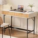 45 Inch White Desk with Drawers, Small Writing Desks for Bedroom, Fluted Cute Desk with Storage for Vanity, Wood Computer Table for Living Room Small Spaces Home Office Study