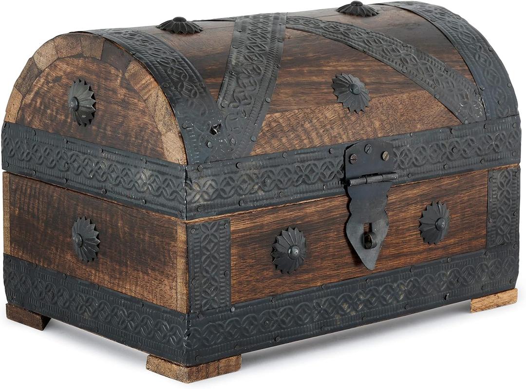 Ajuny Wooden Pirate Treasure Chest Jewelry Box  Handcrafted Vintage Keepsake Organizer with Shell Strips, Perfect for Necklaces, Earrings, and Trinkets, 9x6 Inch Gift Box