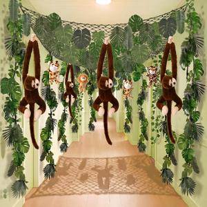 XunYee 50 Pcs Jungle Theme Party Decoration Tropical Rainforest Safari Party Decor Hanging Monkey Stuffed Pothos Vines Netting Palm Leaf for Rainforest Theme Birthday Classroom Decor