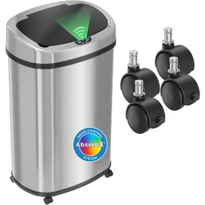 iTouchless SensorCan 50 Liter / 13 Gallon Kitchen Trash Can with Wheels & Odor Filter  Mobile Motion Sensor Stainless Steel Garbage Bin for Home, Office, Garage, Slim Oval Shape Large Capacity Design (Light Silver, Solid Black 13 Gal)