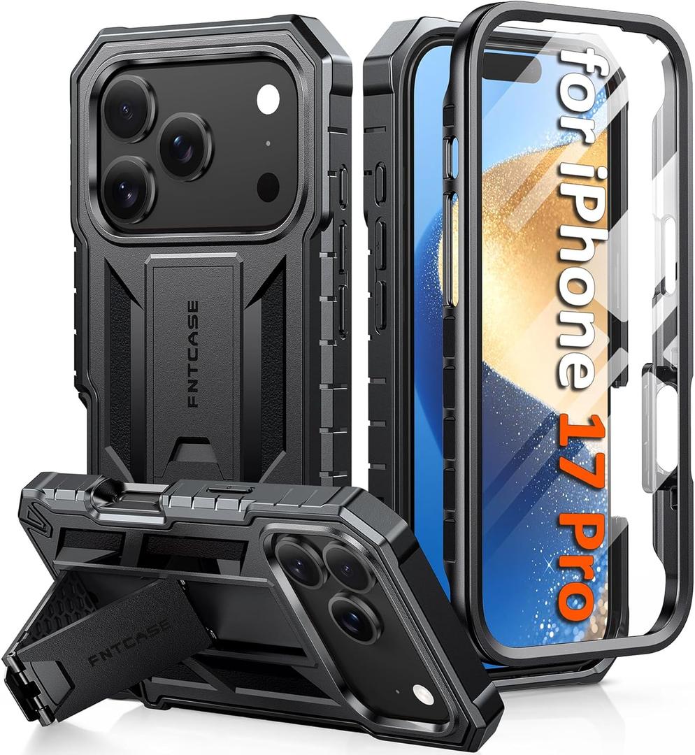 FNTCASE for iPhone 17 Pro Case: Military Grade Drop Proof Protection Mobile Cover with Kickstand | Matte Textured Rugged Shockproof TPU | Protective Sturdy iPhone 17 Pro Phone Cases 2025 - Black