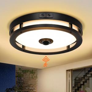 Outdoor Motion Sensor Flush Mount LED Light, 12" Dusk to Dawn Porch Modern Black Exterior Light for Farmhouse Garage Entry (1 pack)