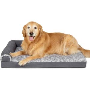 Furhaven Orthopedic Dog Bed for Large/Medium Dogs w/ Removable Bolsters & Washable Cover, For Dogs Up to 55 lbs - Two-Tone Plush Faux Fur & Suede L Shaped Chaise - Stone Gray, Large