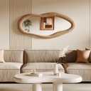 Honyee 55" x 24" Wall Mirror, Flannel Wrapped Wooden Frame Wavy Mirror, Irregular Mirror Hanging for Cloakroom/Bedroom/Living Room, Milk Tea