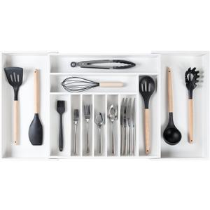 KitchenEdge Premium Silverware, Flatware and Utensil Organizer for Kitchen Drawers, Food-Safe Contract Grade, Expandable from 18 to 33 In, White Bamboo