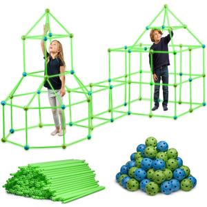 130 Piece Glow in The Dark Fort Building Kit - Indoor Play Engineering Set with Connecting Sticks & Balls - Creative STEM Building Toys