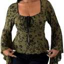 SweatyRocks Women's Plus Size Ruched Long Sleeve Mesh Top Floral Bell Sleeve Tie Front Going Out Shirt L+