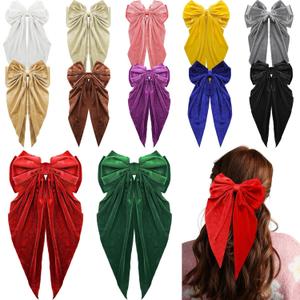 Mimorou 12 Pcs Hair Bows for Women Bulk Velvet Large Hair Ribbons Vintage French Bow Barrette Clips with Long Tail Bowknot Barrette Clip Ponytail Holder for Fall Winter Christmas Gifts