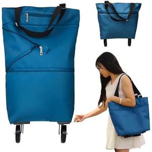 JIANWEI Collapsible Shopping Cart with 360° Swivel Wheels, Portable Folding Trolle-y Grocery Bag, Reusable Foldable Tote Grocery Cart Large Capacity Used for Travel and Home(Lake Blue)
