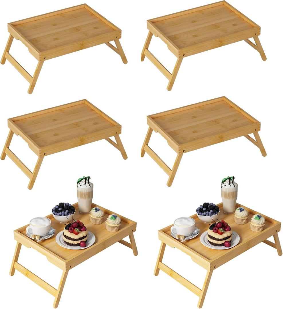 Bed Tray Table with Folding Legs, Bamboo Breakfast in Bed for Kitchen Serving Tray, Sofa, Eating, Used As Laptop Desk Snack Tray (Pack of 6, Bamboo Color)
