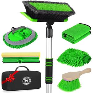 Car Wash Kit, 62'' Car Wash Brush with Long Handle, Soft Bristle Scratch-Free Car Detailing Brush Cleaning Kit, with Wash Mitt Towel Window Squeegee Tire Brush for Car SUV Truck RV Cleaning (Green)