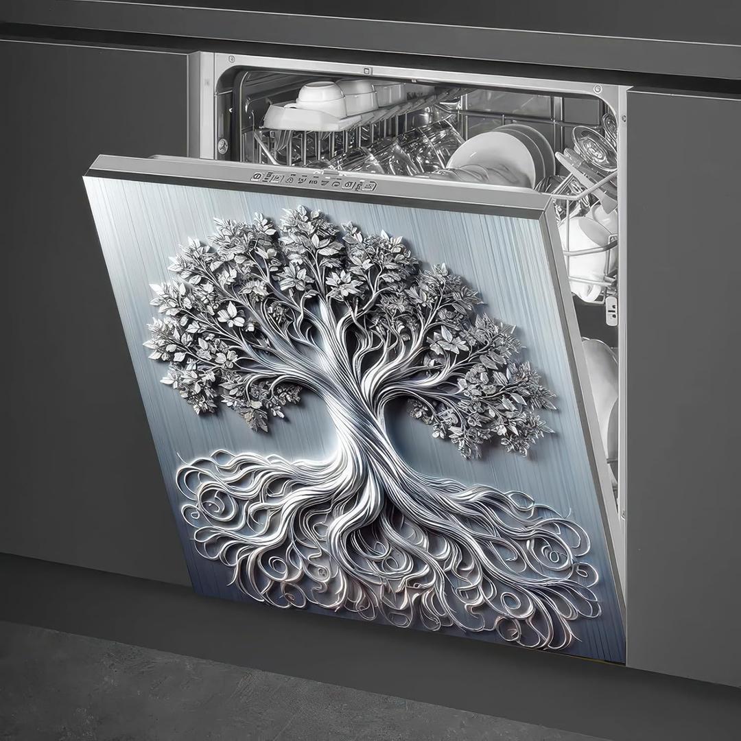 BlissYard Tree of Life Dishwasher Magnet Cover Skin Panel Magnetic Dishwasher Covers Decorative Sliver Metal of Life Front Door Magnet Cover Home Appliances Dishwasher Refrigerator Cupboard 23x26 Inch